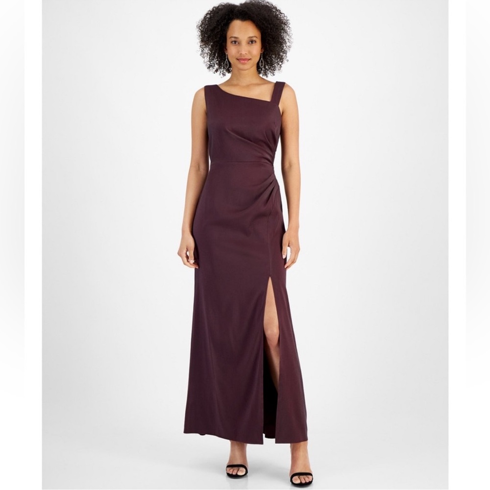 Alex Evenings Plum Asymmetrical Satin Gown Size 10 Sleeveless Formal Slit Dress